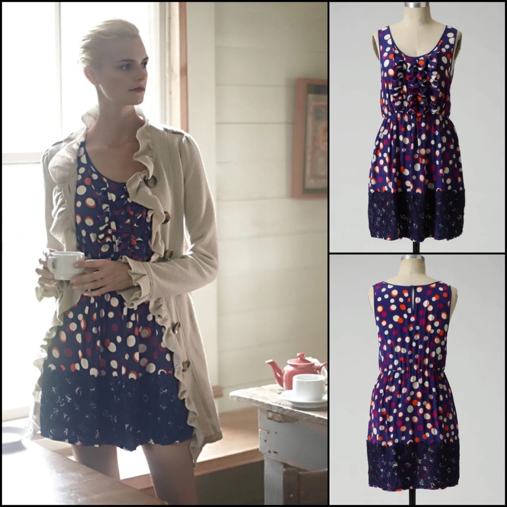 Moulinette Soeurs Silk Navy Polka Dot Ruffle Crochet Lace Dress